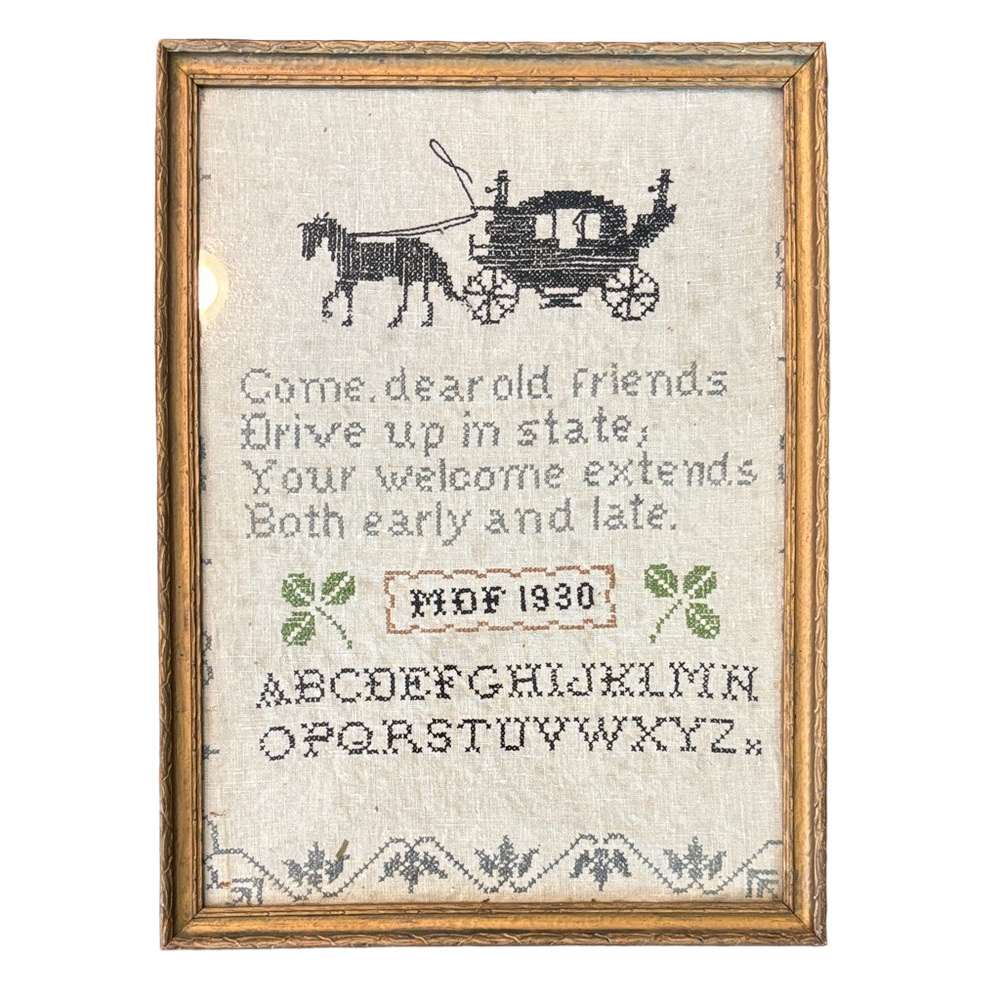 Vintage 1930 Framed Cross Stitch Sampler Horse Carriage Folk Art Cottagecore